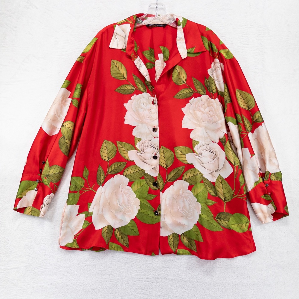Zara Womens Shirt XL Red Floral Rose Print Button Up Satin Long Sleeve Blouse